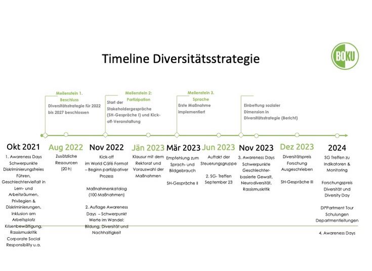 Zeitlicher Überblick der Diversitätsstrategie BOKU mit wesentlichen Meilensteinen