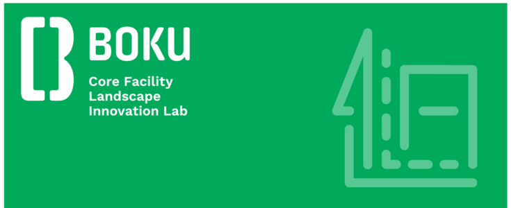 Grünes Feature-Bild mit grünem Hintergrund und weißem Text mit dem Titel BOKU Landscape Innovation Lab und dem Logo rechts daneben