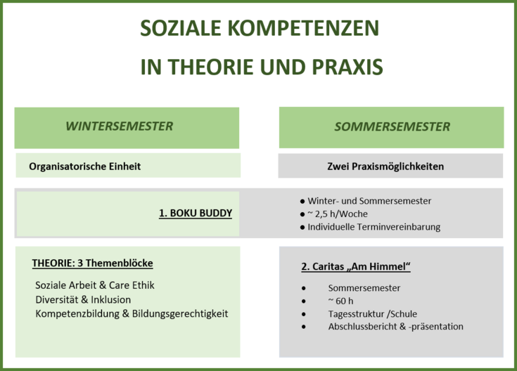 Grafische Darstellung des Ablaufs der LV: linke Spalte zeigt die Aufgaben der Studierenden im Wintersemester (Organisatorische Einheit, Buddy, Themenblöcke) und die rechte Spalte zeigt das Sommersemester (Praxis, Buddy, Caritas)