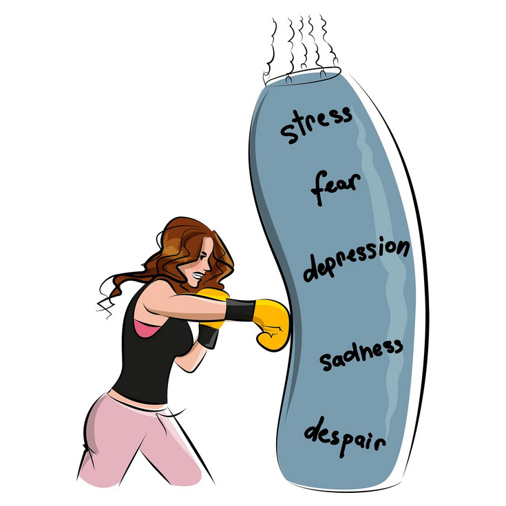 Eine Frau boxt gegen einen Boxsack in dem die Worte Stress, fear, depression, sadness und despire stehen