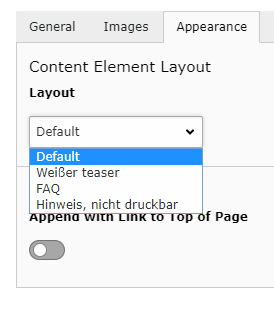 backend: set the layout in the "appearance" tab